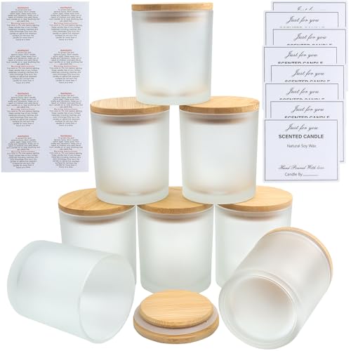 LHNNDM 8 Pace 10 oz Frosted Glass Candle Jars with Bamboo Lids- Bulk Empty Jars 315ml for Making Candles - Spice Powder Containers - Dishwasher Safe (Frosted Candle Glass Cup)