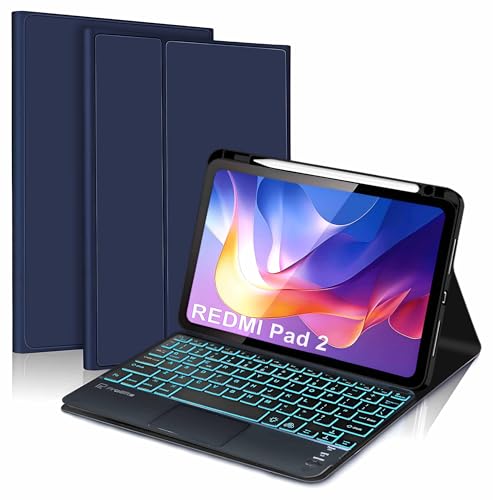 Image of ProElite TouchPad Keyboard case for Xiaomi Redmi Pad 2 11 inch, Magnetic Detachable Wireless Bluetooth TouchPad Keyboard Built-in 7-Colors Backlit with Pen Holder, Dark Blue