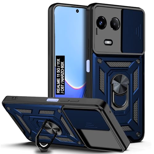 Image of AESTMO Tough Armor Realme 11 5G / 11X / C67 / Narzo 60X Bumper Back Case Cover | Ring Holder & Sliding Camera Shield Cover | 360 Degree Protection Back Case Cover (Blue)