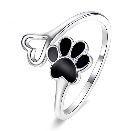 Dog Cat Paw Print Ring 925 Sterling Silver Love Heart Open Adjustable Ring for Mom Sister Puppy Pet Lovers Birthday