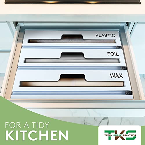 3 In 1 Wrap Dispenser With Cutter - Tks Plastic Wrap, Aluminum Foil, Parchment Wax Paper Organization Storage, White Bamboo Roll Organizer Holder For Kitchen Drawer #TOP7