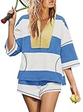 Yanekop Womens 2 Piece Outfits Summer Striped Lounge Set Two Piece Matching Workout Sets Oversized Short Sets Tracksuits(Light Blue,XS)