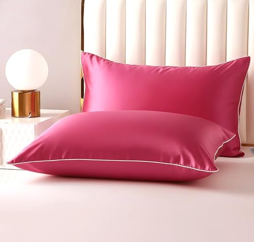 Image of BSB HOME Luxury Satin Silk Pillow Cover | 300 TC Ultra-Smooth Silky Finish | Premium Home Bedding Pillowcase | Soft, Glossy & Skin-Friendly Fabric | 18 x 28 Inches (Electric Peony)