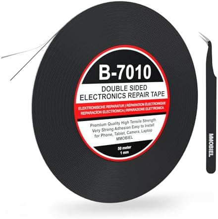 Double Sided Layer Adhesive Sticky Glue Tape Sticker 1mm Wide and 50 meter long for use in Tablets Mobile Phone Touchscreen Digitizer LCD Screen Display Glass Professional kit incl. 1 pair of Tweezers 1 Cleaning Clotch and 1 pair of Special Scissors