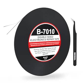 Double Sided Layer Adhesive Sticky Glue Tape Sticker 1mm Wide and 50 meter long for use in Tablets Mobile Phone Touchscreen Digitizer LCD Screen Display Glass Professional kit incl. 1 pair of Tweezers 1 Cleaning Clotch and 1 pair of Special Scissors