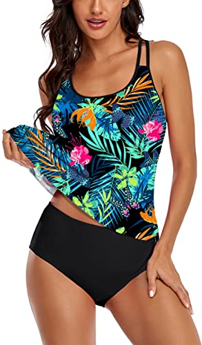 Omichic Modest Tankini Sets For Women's Swimsuits 2 Piece Athletic Bathing Suits Flowy Tank Top With Bikini Bottom Green Leaves #TOP1
