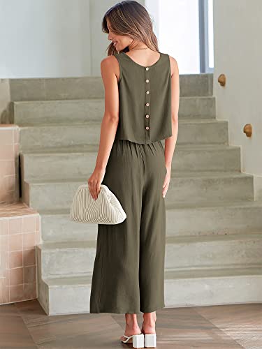 Image of ANRABESS Women's Summer 2 Piece Outfits Sleeveless Tank Crop Button Back Top Cropped Wide Leg Pants Set Pockets