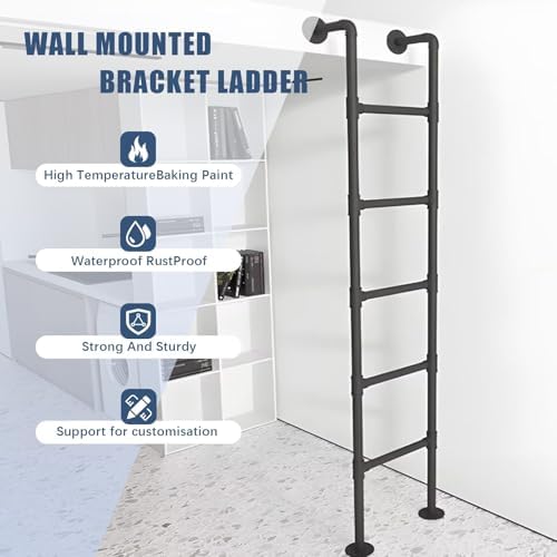 Black Wall Mounted Loft Ladder 4ft-9ft for Apartments, Dorms & Decks - Straight Round Iron Pipe Design, Easy Installation for Basement Egress Window Well