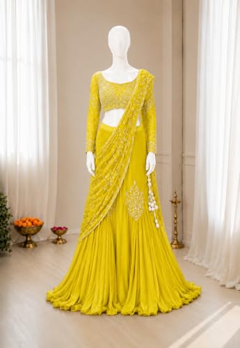 Image of Lehenga choli Womens And Girls Soft Crep Silk Saree With Full-Stitched Blouse With Embroidery Work Wedding navratri party letest