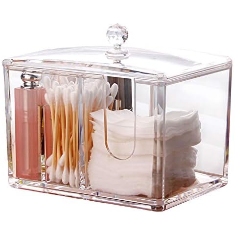 Watpot Qtip Cotton Pad Holder Dispenser Cotton Ball and Swab Storage with Lid Clear Acrylic Cotton Round Organizer, 4 Sections Cover