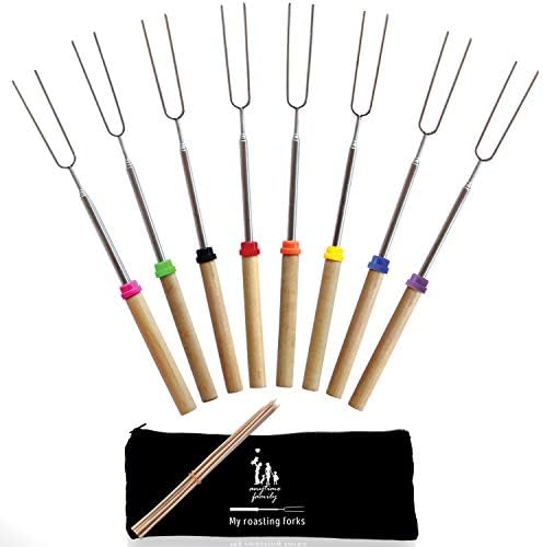 anytime family Extending Marshmallow Roasting Sticks-Set of 8-32 Inch.Telescoping Stainless Steel Smores Skewers;Hot Dog Forks.Campfire,fire Pit,Camping. Safe for Kids. Storage Bag, S'Mores eBook