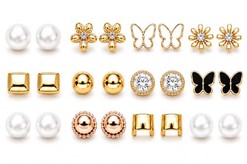 MINIE FASHION 12 Pairs Stud Earrings Set for Women, Earrings Collection with Pearl, Butterfly, Flower and Crystal Studs, Fashion Jewelry Multipack for Daily Wear and Gifts