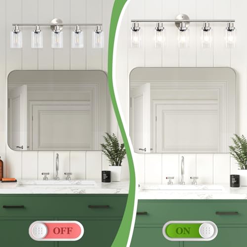 Image of 5-Light Bathroom Vanity Lights, E26 Modern Brushed Nickel Bathroom Light Fixtures with Clear Glass Shade, Mirror Kitchen Hallway Cabinet Living Room Sconces Wall Lights