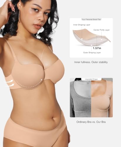 Popilush Push Up Bra Balconette Seamless Underwire Demi T-Shirt Square Neck Bra Lingerie Color Beige 38D — view 3