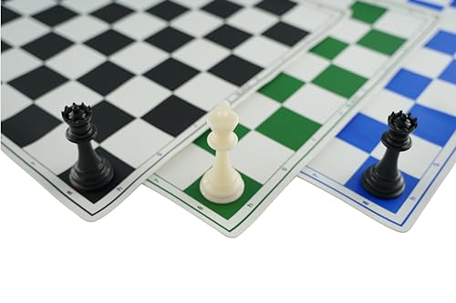 Image of 18'' X 18'' Professional Tournament Chess Set with Green,Black Blue Vinyl Foldable Chess Board Game with Solid Plastic Pieces with Extra Queens and Black Bag - Chess Combo
