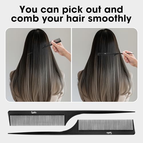 Kunihiko 2Pcs Rat Tail Comb Parting Combs for Women, Fine Tooth Parting Tip Carbon Fiber Root Teasing Anti Static Hair Comb for Styling (Green,Black)