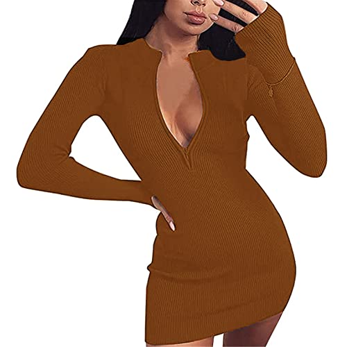 MEAR Strickkleid für Damen, Winter, lässig, elegant, mit Reißverschluss, langärmlig, Kleid mit hohem Kragen, braun, X-Large