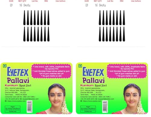 Image of Eyetex Pallavi Sticker Bindi /Pottu|Gopi /Tilak|Aloe Vera & Papaya Extracts|Breathable Non-Irritating Velvet Fabric|G9|Black|20 Flaps (Pack of 2)