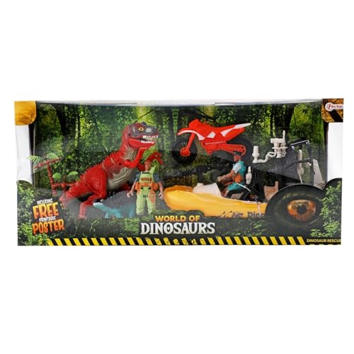 Toi-Toys World of Dinosaurs Spielset mit Dinos - 2 Dinosaurier mit Motorrad, Schlauchboot, Spielfiguren und Zubehör - ab 3 Jahren