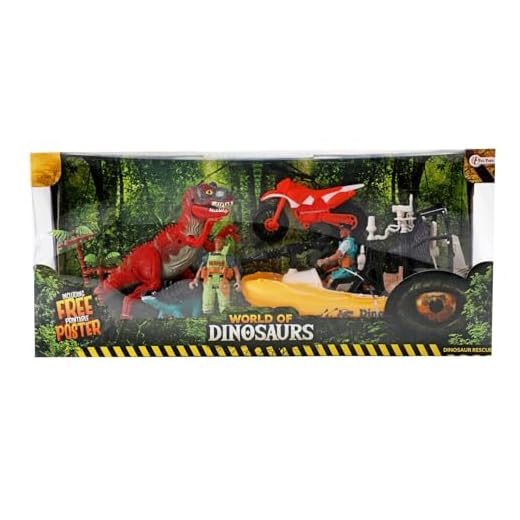 Toi-Toys World of Dinosaurs Spielset mit Dinos - 2 Dinosaurier mit Motorrad, Schlauchboot, Spielfiguren und Zubehör - ab 3 Jahren