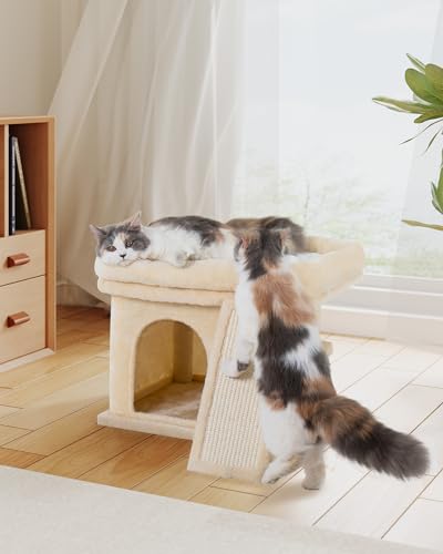 Aechonow Small Cat Tree Tower for Large Cat, Cat Bed House with Large Perch for Adult Cats, 20 * 16.5 Inch Big Platform for Indoor with Super Cozy Soft Mat, Large Cat Condo with Scratching Post, Beige
