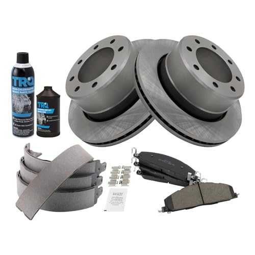 Image of TRQ Rear Brake Pad & Rotor Kit, with Chemical Kit Parking Brake Shoe Set Semi-Metallic Compatible with 2009-2010 Dodge Ram 2500, 3500 2011-2018 Ram 2500 3500