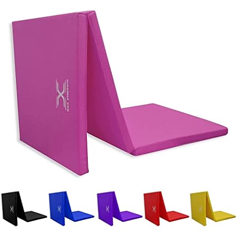 MAXSTRENGTH Gymnastics Tri Folding Exercise Mats 6ft Long - Non Slip - High Density 5cm Thick Foam - Soft PU Leather - Carry Handles - Gym Yoga Pilates Floor Workout Equipment (Pink) Cover