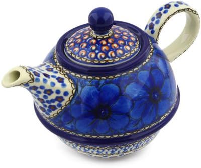 Polmedia Polish Pottery Tea or Coffee Pot UNIKAT - Cobalt Poppies Pattern Handmade in Boleslawiec Poland by Ceramika Artystyczna + Certificate of Authenticity