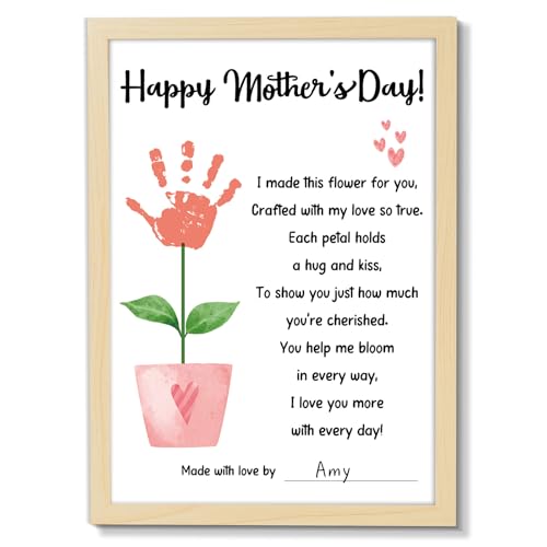 QOUBAI Flower Pot Poem Handprint Gifts Craft DIY Kit Mother's Day Craft Art from Daughter or Son Handprint Keepsake for Mom Grandma Birthday Gifts Christmas (12X16in, with Wood Frame)