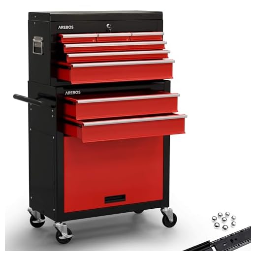 AREBOS Werkstattwagen Werkzeugwagen Rollwagen | 9 Fächer | Rot-Schwarz | Antirutschmatten | Kofferaufsatz mobil & herausnehmbar | Zentraler Verschlussmechanismus | Massives Metall