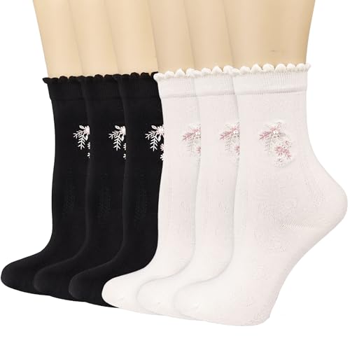 Mcool Mary Women's Socks, Casual Ankle Breathable Cool Knit Cotton Cute Crew Frilly Sock for Women 6 Pairs