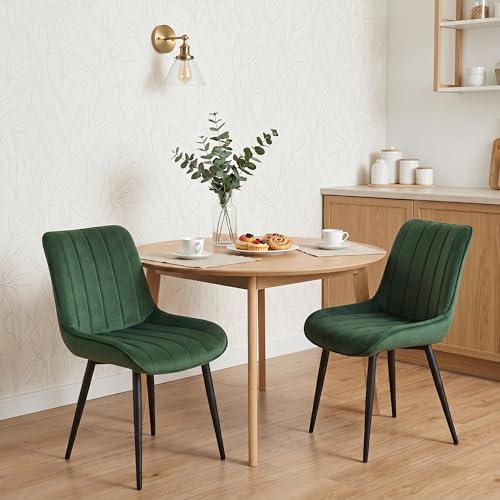 Czoluxo Modern Velvet Dining Chairs Set of 2, Upholstered Accent Side Chairs with No Arms, Mid-Back Desk Chairs with Black Metal Legs for Kitchen, Living Room & Bedroom Green