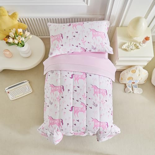 Image of Uniorn Toddler Bedding Set for Girls Light Pink Colorful Unicorn 4PC Toddler Bed Set - Soft Pink Flowers Cute Princess Toddler White Bed in a Bag with Pink Sheet Set and Pillow Shams