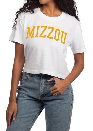 Chicka-d Women's Vintage Crop Top Short 'n Sweet Tee NCAA Classic Arch Over Neutral, Missouri Tigers, White, Large