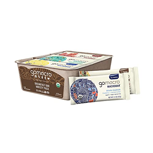 GoMacro Macrobar Organic Vegan Protein Bars, Breakfast Variety Pack, 12 Count