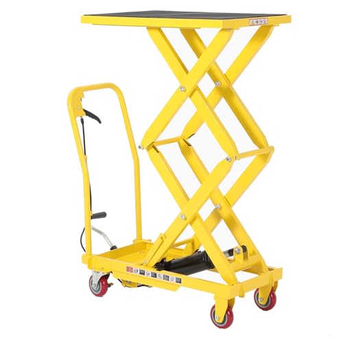 Image of Heavy Duty Hydraulic Lift Table Cart 330LB Capacity, Double Scissor Lift Table with 50" Lifting Height, Non-Slip Platform & Locking Wheels for Garage, Warehouse, Workshop, Yellow