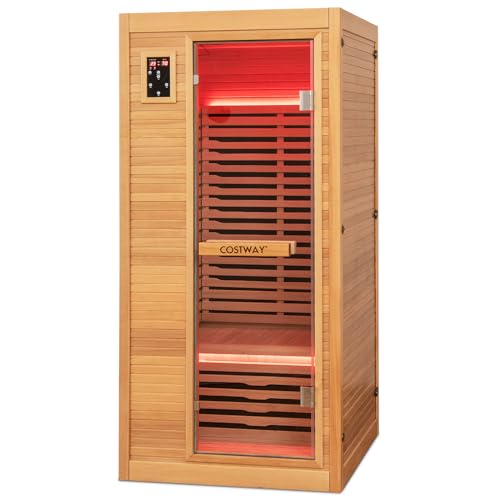 COSTWAY 1-2 Person Far Infrared Wooden Sauna Room, Canadian Hemlock Indoor LOW EMF Sauna with Oxygen Ionizer, 9 Carbon Heaters, 4 Light Strips, Tempered Glass Door, Personal Sauna for Home