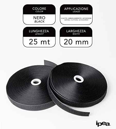 IPEA Ruban à Coudre - Bande Auto-Agrippante 20 mm Noir – 25 Mètres de Longueur – Ruban à Déchirer à Couture (non adhésif) – Extra Fort pour Ameublement, Maison, Vêtements – Corde Crochet et Anneau