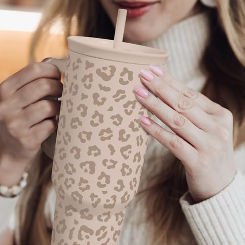 Image of SANDJEST Leopard Tumbler with Handle, Insulated Cup Stainless Steel Travel Mug Cup, Gifts for Women Girl on Birthday Christmas, Tan Leopard, 40oz