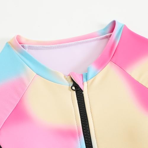 JiAmy Mädchen Badeanzug Zweiteiler Set, Langarm UV Schwimmshirt mit Badehose, Krawattenfärbung Sport Schwimmanzug für 11 Jahre, Rosa (Etikett:11Y)