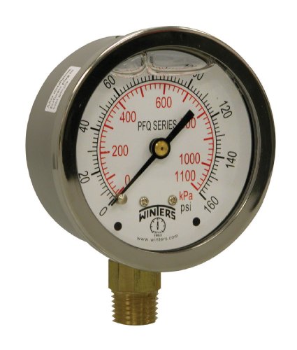 Image of Winters 2-1 /2 inch Dial Size, Liquid Filled Industrial Pressure Gauge, Brass Internals, 304 Stainless Steel Case, Dual Scale 0-160 psi /kPa, 1.5% Acc, 1 /4 inch NPT Bottom Mount, Glycerin Filled Pressure Gauge