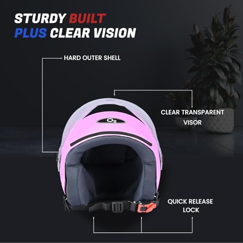 Image of O2 Open Face / Half face Helmet Unisex for Bike Women Men ISI Certified with Clear Visor Smooth Finish Lightweight & Compact (Pink, 580mm Medium)