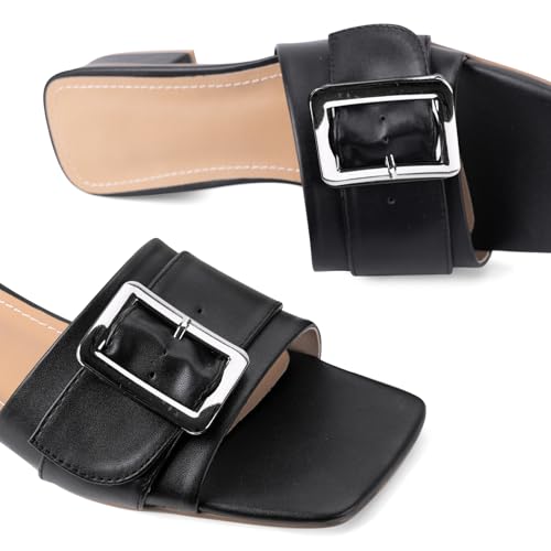 Image of Women's Slide Heeled Sandals Opened Square Toe Chunky Block Heel Slippers with Buckle Slip on Casual Comfortable Pumps