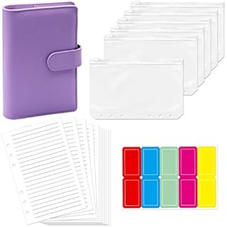 PU Leather Personal Notebook Planner with 40 Pages Loose-Leaf Papers Ring Binder 6 Zipper Bags for Filler Paper with Category Stickers Pen Holder Magnetic Buckle (Lavender, 7.5 X 5.2)