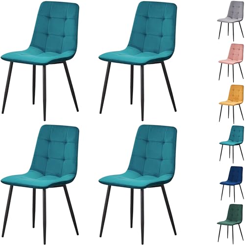 MOF Home Modern Velvet Dining Chairs, Set of 4, Velvet Tufted Upholstered Kitchen Chairs with Metal Legs, Multi-Color (CHECK PATTERN, OCEAN BLUE)