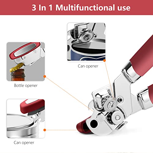 Can Opener,Professional 3-In-1 Multifunctional Manual Can Openers Bottle Opener,Kitchen Durable Stainless Steel Heavy Duty Can Opener Smooth Edge for Kitchen Seniors Friendly