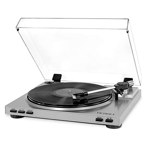 Victrola Pro Semi-Automatic Record Player with 2-Speed Turntable, Vinyl to MP3 USB Recording, Silver Cover