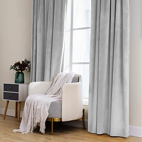 Image of MIULEE Greyish White Velvet Blackout Curtains 52x72 inches 2 Panels | Luxury, Thermal Insulated, Super Soft Window Drapes for Bedroom Living Room, Rod Pocket & Back Tab