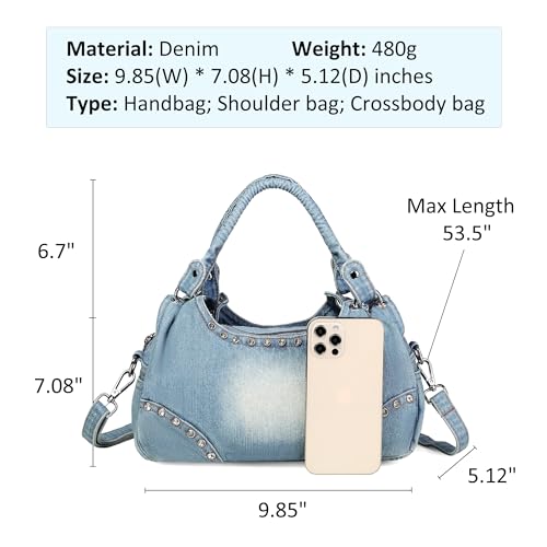 Image of Fashion Crossbody Bag Denim Purse with Rhinestones Y2K Jean Handbag for Women | Washed Denim