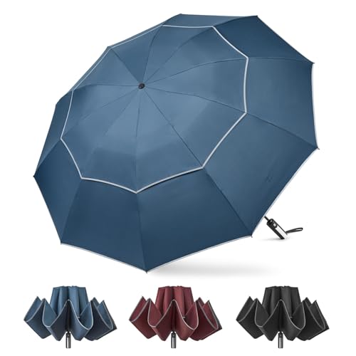 G4Free Parapluie inversé coupe-vent de 157,5 cm avec bande réfléchissante, grand parapluie de golf inversé compact pour pluie, 10 baleines, parapluie de voyage, ouverture automatique (bleu)